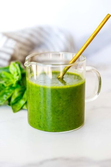 Bright, bold, and beautiful, this Basil Vinaigrette is a summertime favorite! Make it in under 5 minutes, using your blender.