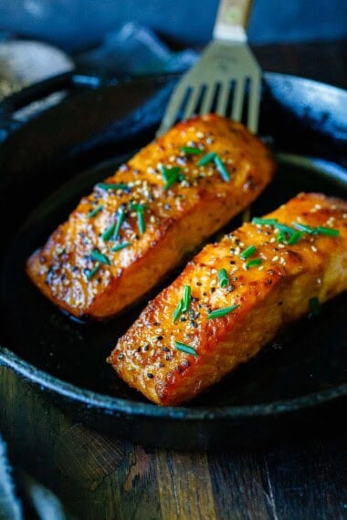 This broiled salmon recipe is incredibly delicious! Tender and flaky on the inside with a golden, crispy miso-glazed top, it's an easy weeknight dinner ready in 15 minutes.