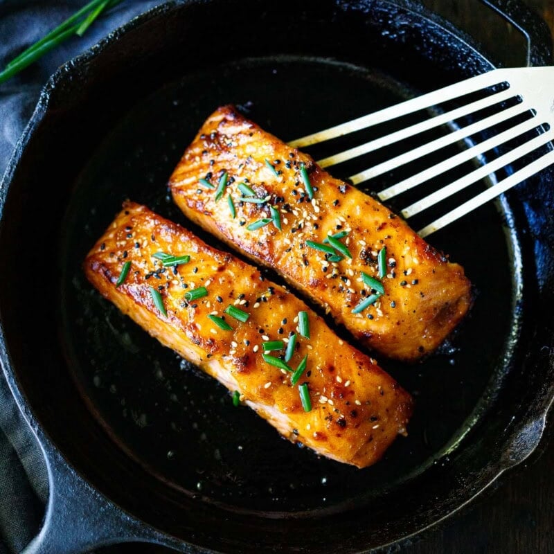 This broiled salmon recipe is incredibly delicious! Tender and flaky on the inside with a golden, crispy miso-glazed top, it's an easy weeknight dinner ready in 15 minutes.