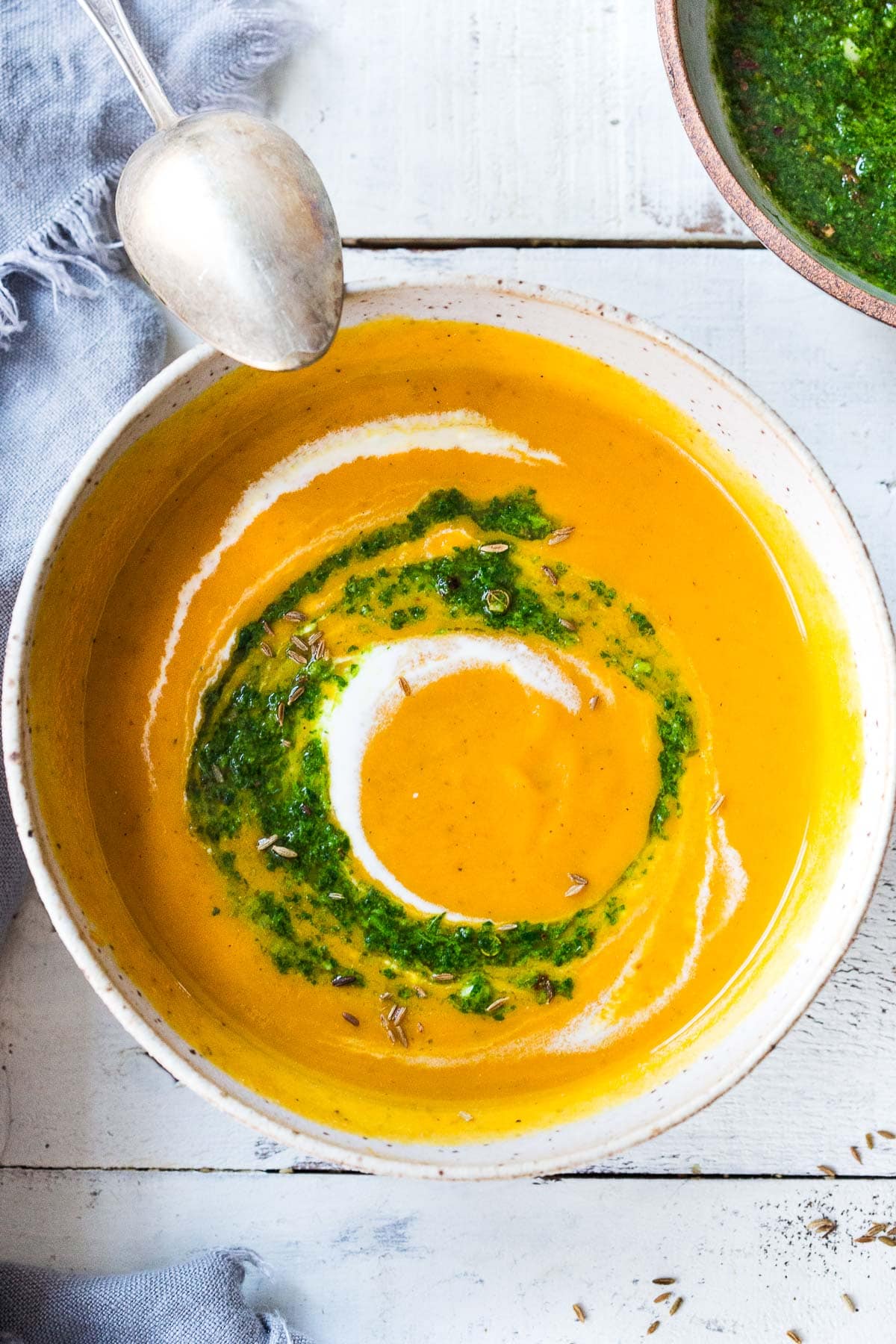 one of our best carrot recipes, North African carrot soup with chermoula and a swirl of coconut with toasted spices. 