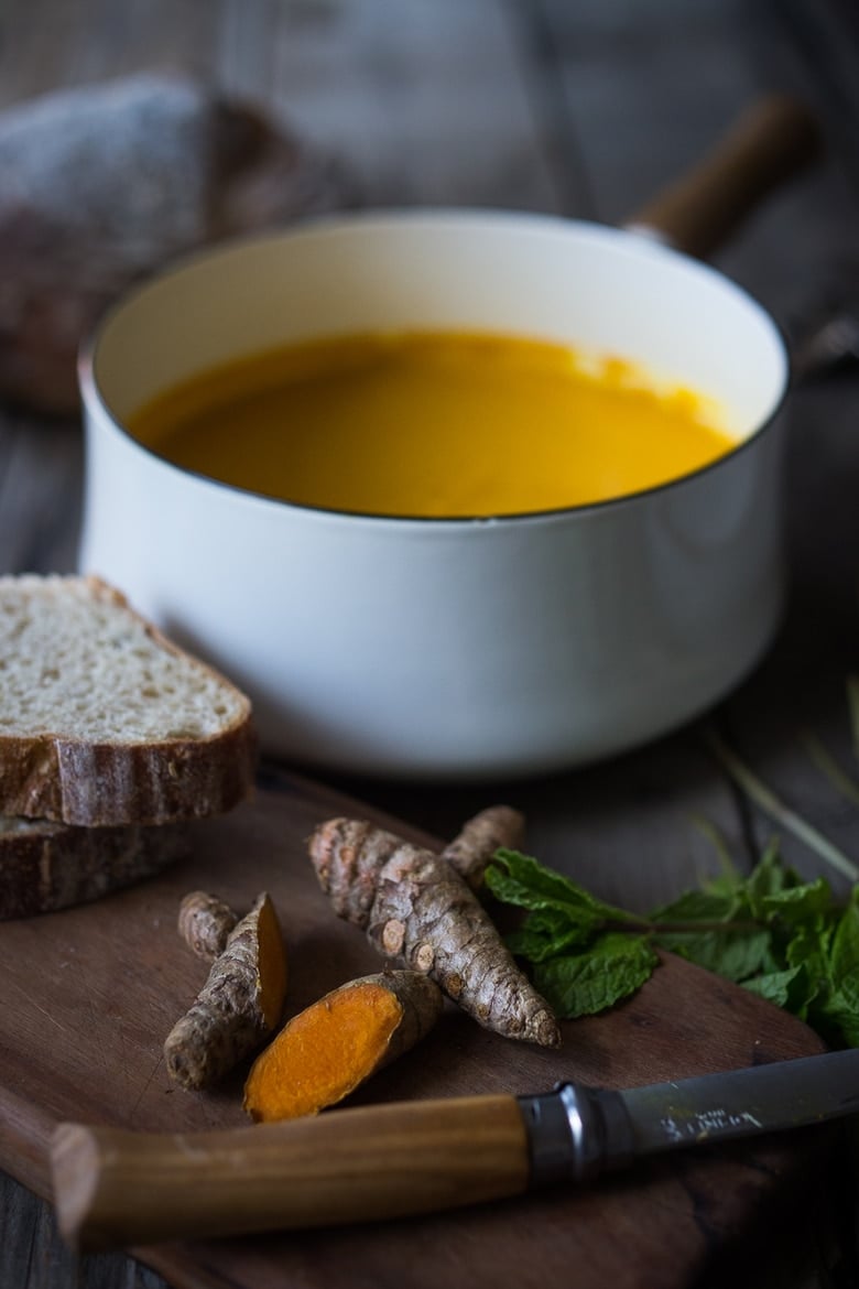 carrot and ginger soup in a pot. 