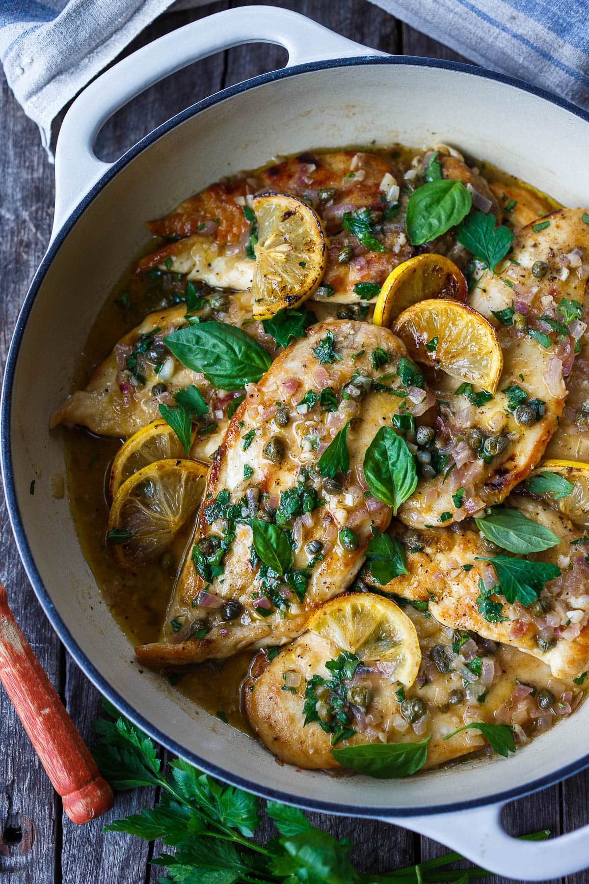 Chicken piccata in a pan. 