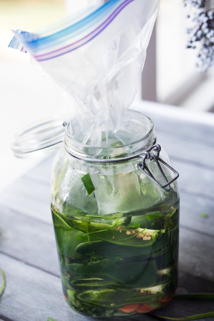 glass jar with green chilies fermenting with a plastic bag of water on top used as a fermentation weight.