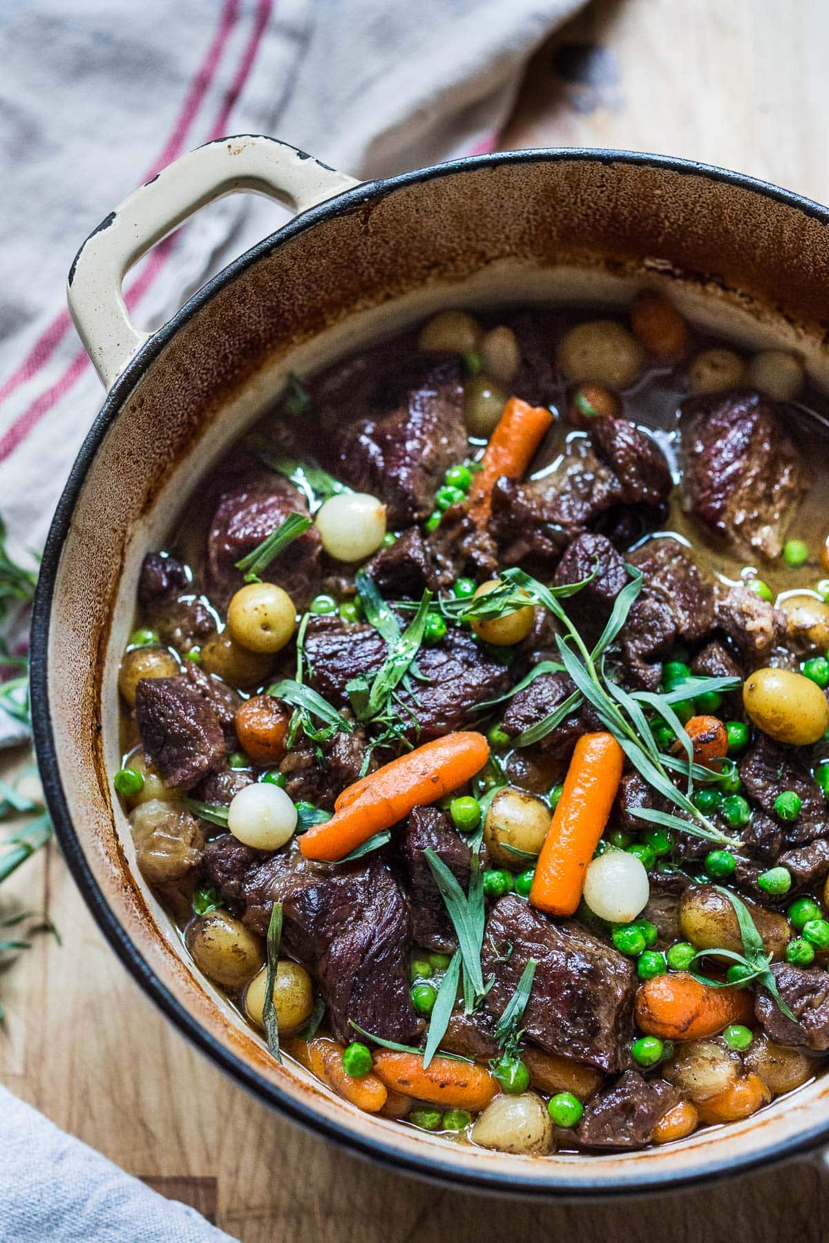 Irish lamb stew in a dutch oven.