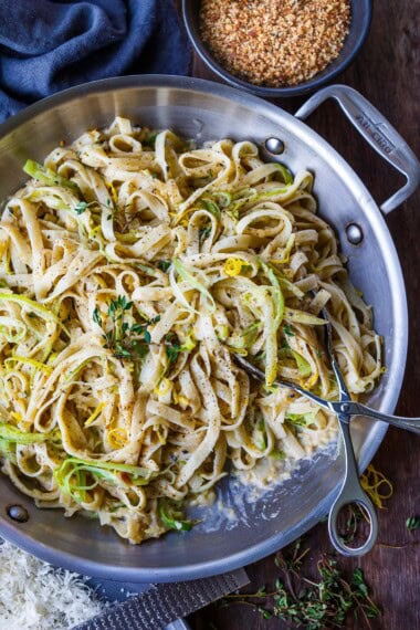 This caramelized leek pasta features meltingly tender leeks in a light lemony cream sauce, tossed with your favorite pasta, topped with optional pangritata. Gluten-free and vegan adaptable.