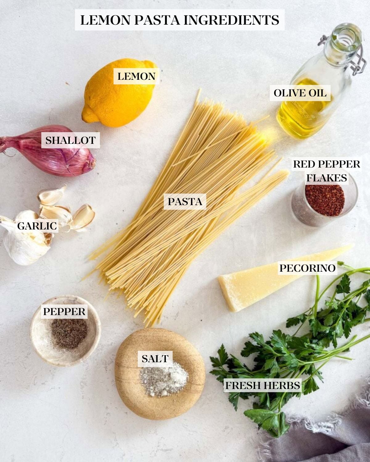 ingredients for lemon pasta - jar of olive oil, aleppo chili flakes, wedge of pecorino, spaghetti dried, lemon, shallot, garlic cloves, small dish of black pepper and salt, and fresh parsley bunch.