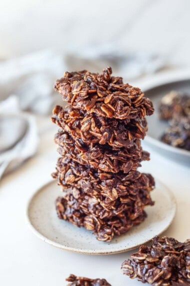 Decadent yet wholesome no-bake cookies with almond butter and oats. Fast, easy, and requires no oven! Gluten-free and vegan-adaptable.