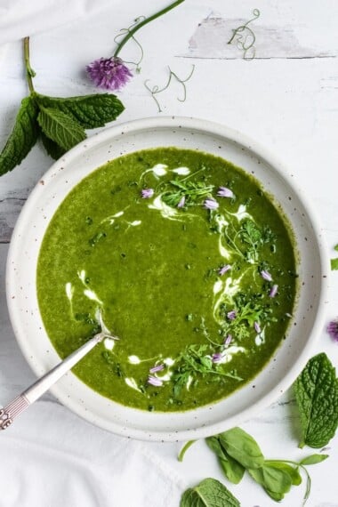 Creamy Vegan Spinach Soup, velvety smooth with a refreshing hint of mint. Â Simple clean ingredients create a deeply nourishing and delicious soup that is dairy-free. Â Vegan and Gluten-free. Serve warm or chilled. #spinachsoup