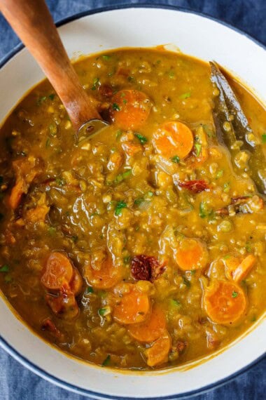 This Split Pea Soup recipe comes from our vegetarian restaurant! Savory and delicious, bursting with Mediterranean flavors! Vegan.