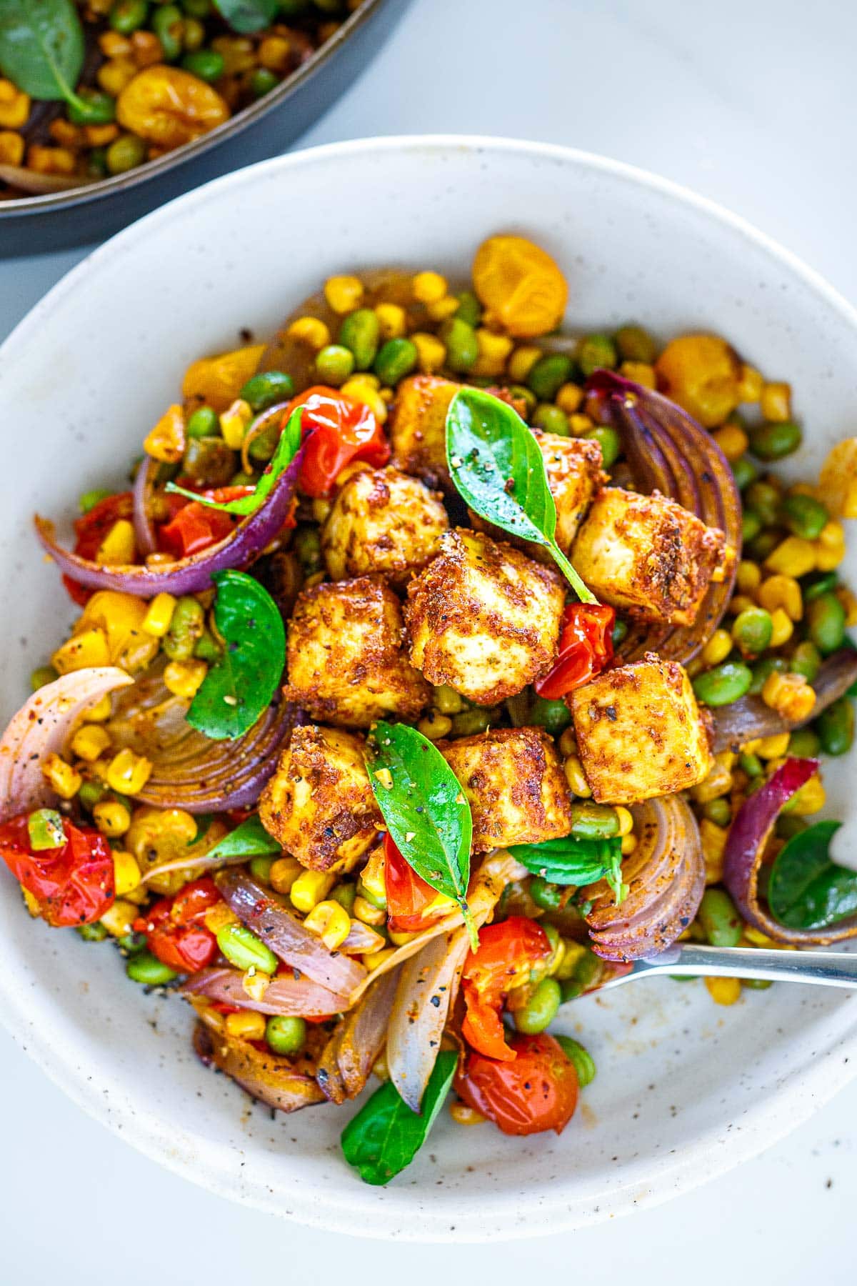 vegetable succotash topped with crispy baked tofu with red onions, basil, corn, cherry tomatoes.