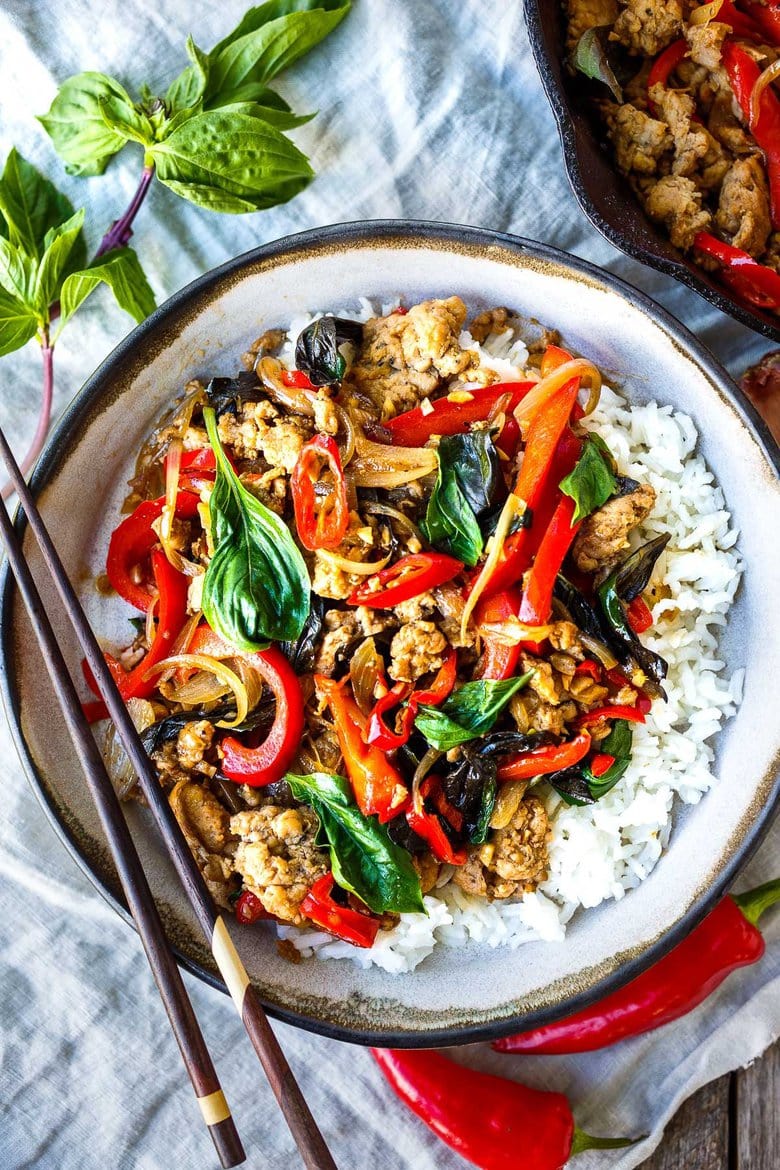 Thai Basil Chicken is simple, fast and flavorful! Made with ground chicken (or ground turkey) it's ready to serve in under 30 minutes.