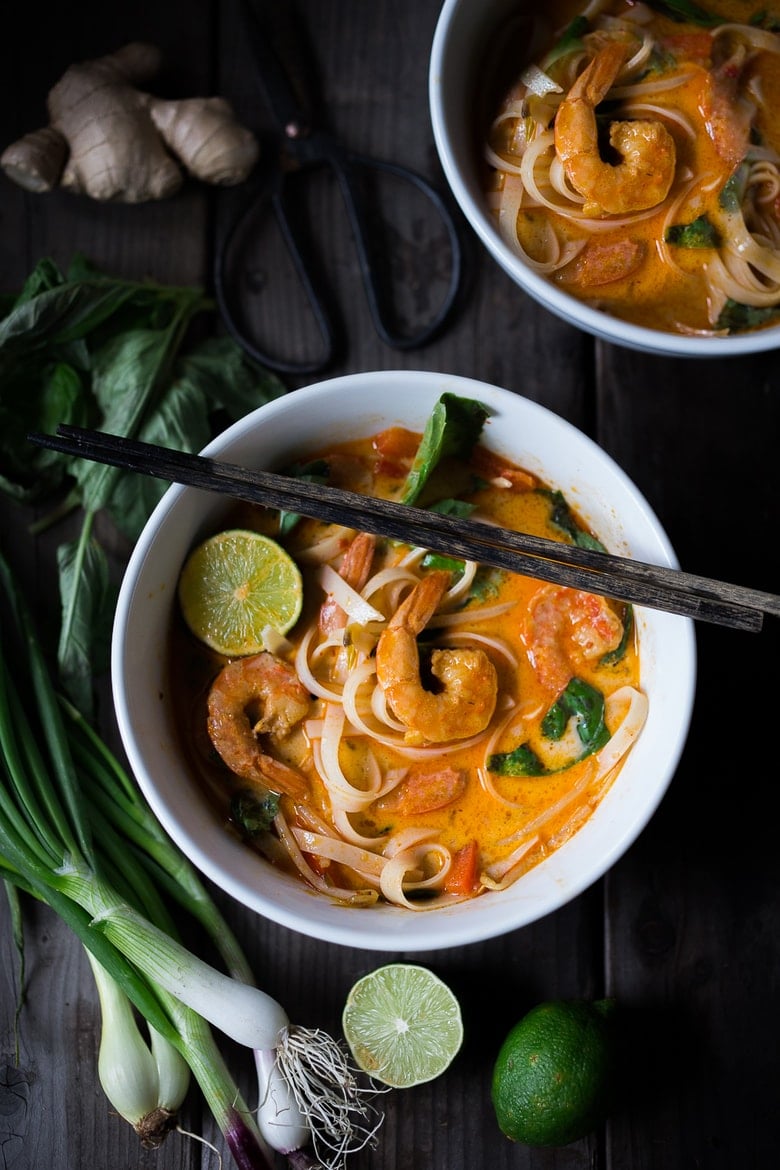 Khao soi Khao soi made with shrimp- in tow serving bowls.