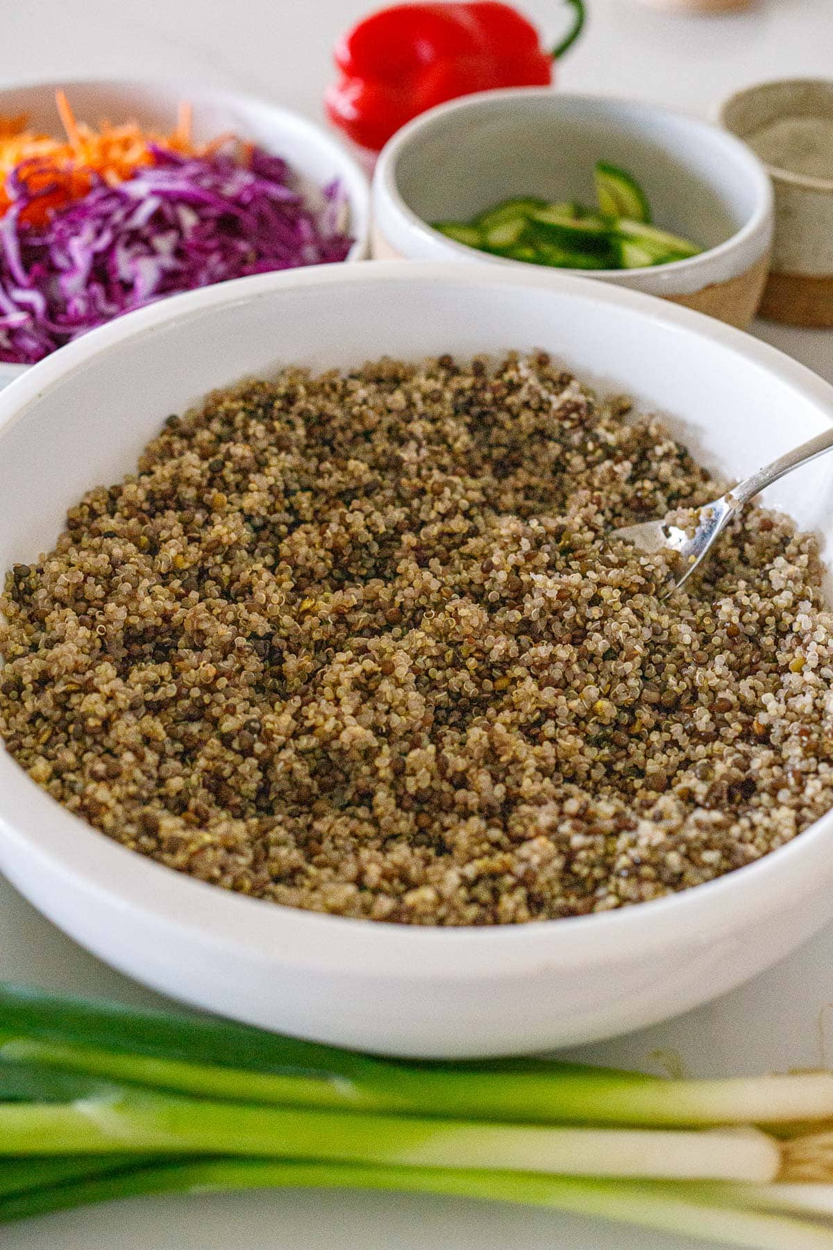 cooked quinoa and lentils in large shallow bowl with fork to fluff.