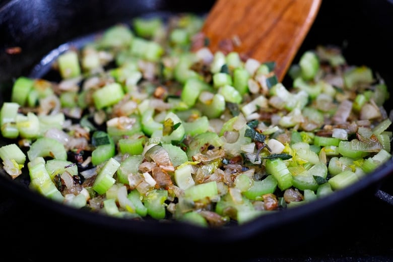 sautéing onion, garlic, sage and celery in cast iron skillet.
