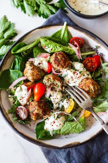 Tender and packed with savory flavor, Turkey Zucchini Meatballs are easy to make and perfect for weeknight dinners, or freeze them for later! Serve with our feta-yogurt sauce for an elevated flavor experience.